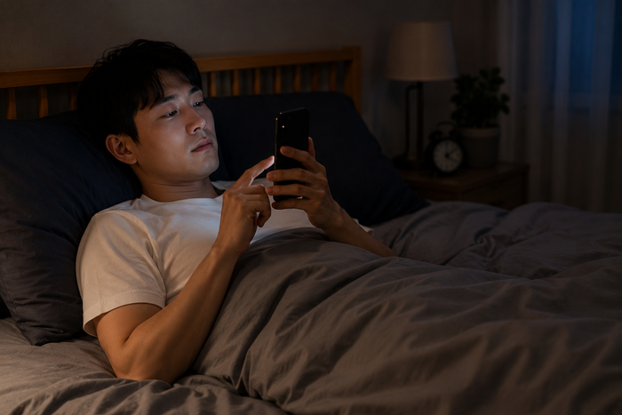숏폼 영상 시청이 반복될 때 뇌 피로와 수면 리듬에 영향을 줄 수 있음을 보여주는 그림