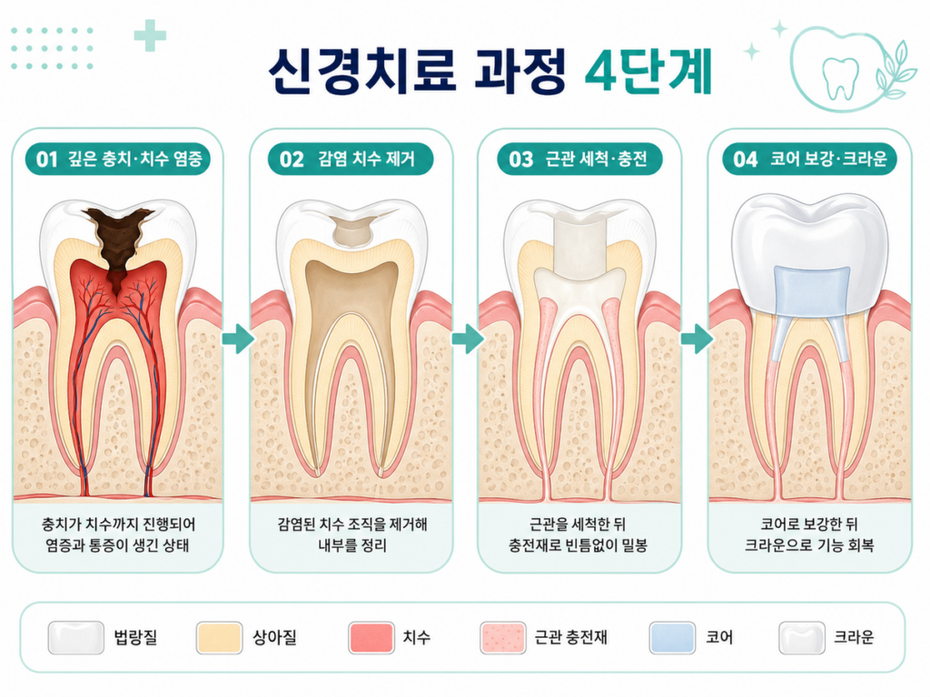 충치가 신경까지 진행된 경우 신경치료 과정을 설명하는 그림