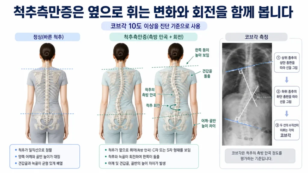 척추측만증에서 척추의 회전과 코브각 측정 방법을 보여주는 그림