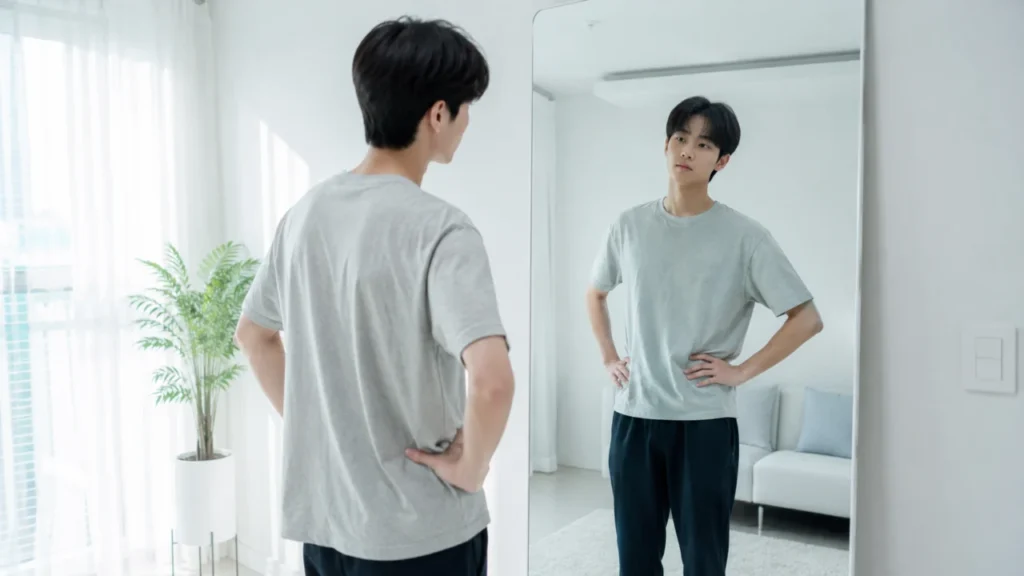어깨 높이 차이가 보일 때 척추측만증과의 관련성을 설명하는 그림