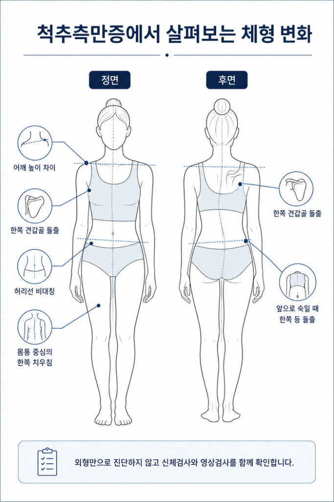 척추측만증의 신체 비대칭 징후를 보여주는 한국어 안내 그림