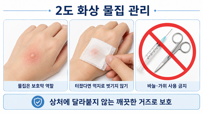 2도 화상에서 물집을 보호하는 방법을 안내하는 그림