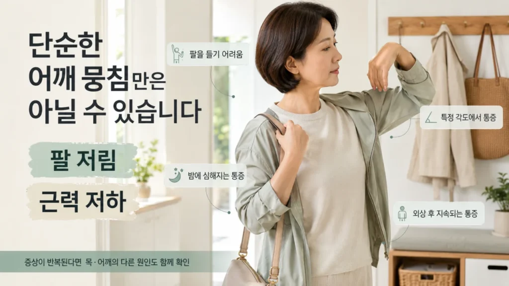 어깨 뭉침과 팔 저림이 함께 있을 때 확인해야 할 사항 인포그래픽