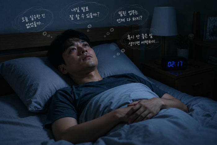 잠들기 전 불안과 긴장이 커진 상태를 묘사한 이미지