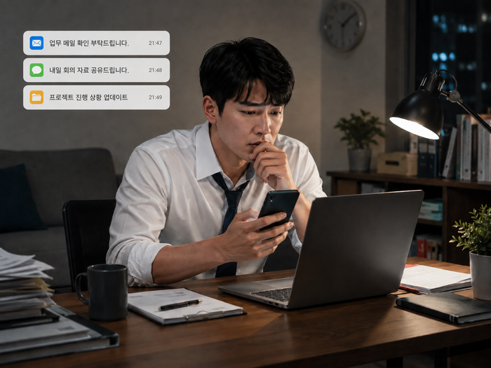 업무 스트레스가 밤까지 이어지는 상황을 표현한 그림