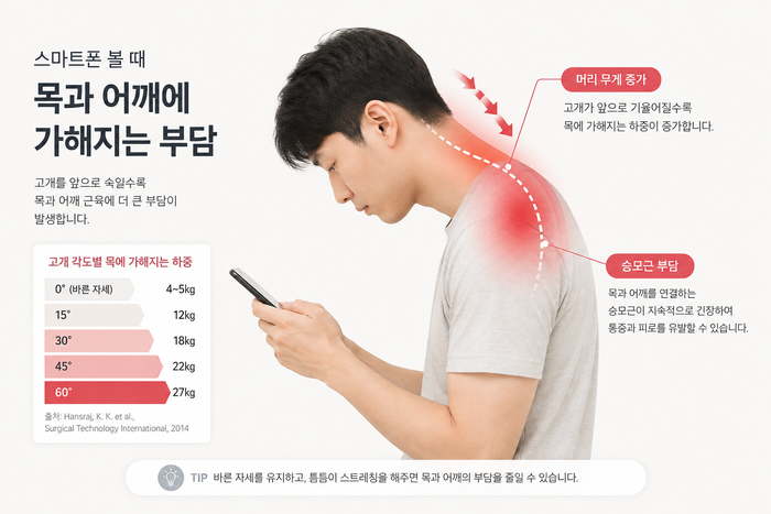 스마트폰을 볼 때 머리가 앞으로 이동하는 자세와 목 근육 부담을 보여주는 그림