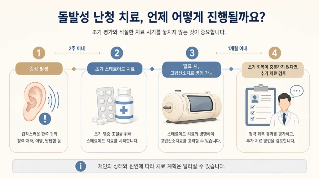 고압산소치료의 적용 시기와 돌발성난청 치료 과정을 설명하는 그림
