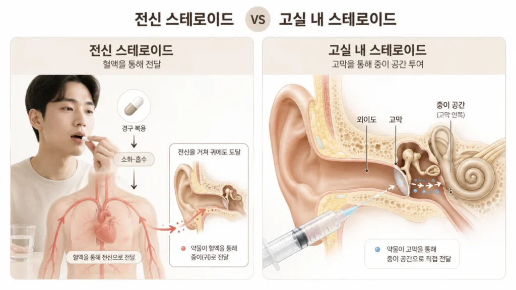 먹는 스테로이드와 고막 주사의 약물 전달 경로와 부작용 차이를 설명하는 그림