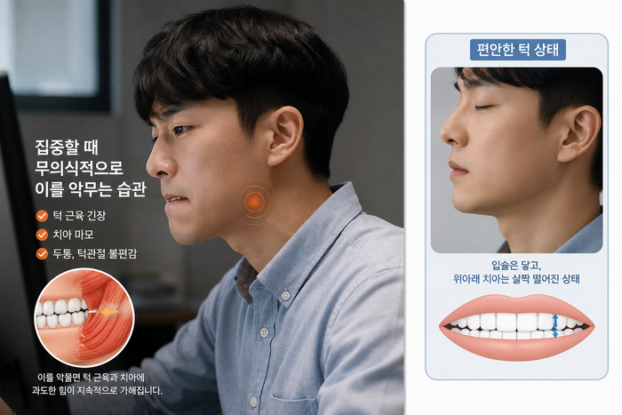 이를 악물거나 가는 습관이 치아와 턱에 미치는 영향을 보여주는 그림