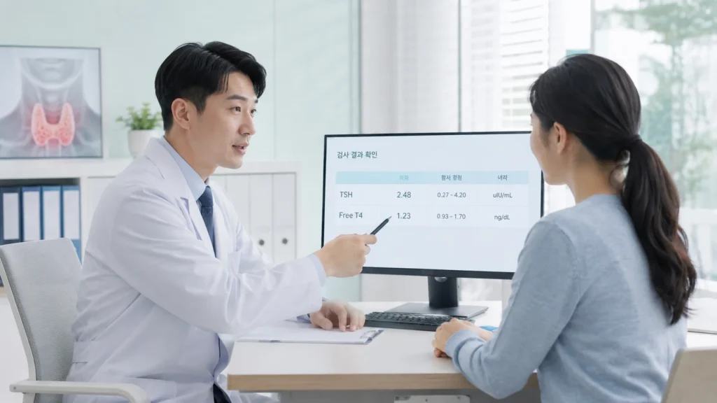 갑상선 기능검사에서 TSH와 Free T4 등 혈액검사 결과를 상담하는 장면