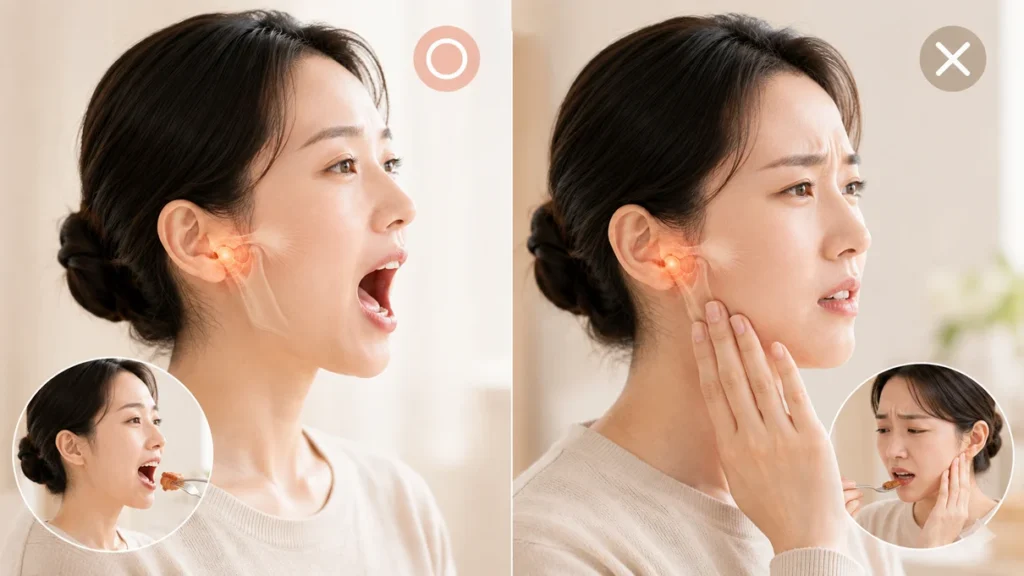 턱관절 통증과 입 벌림 제한을 보여주는 그림