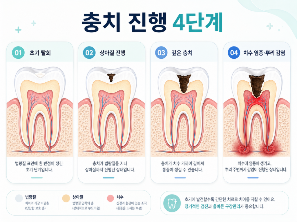 충치가 법랑질에서 상아질, 치수로 진행되는 단계를 보여주는 그림