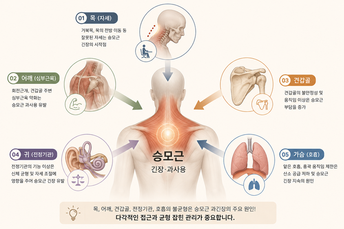 승모근 뭉침에 영향을 주는 5가지 원인을 요약한 인포그래픽