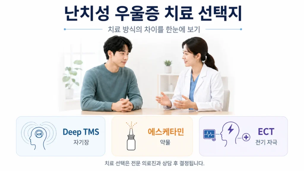 Deep TMS, 에스케타민, ECT의 치료 방식과 차이를 설명하는 표