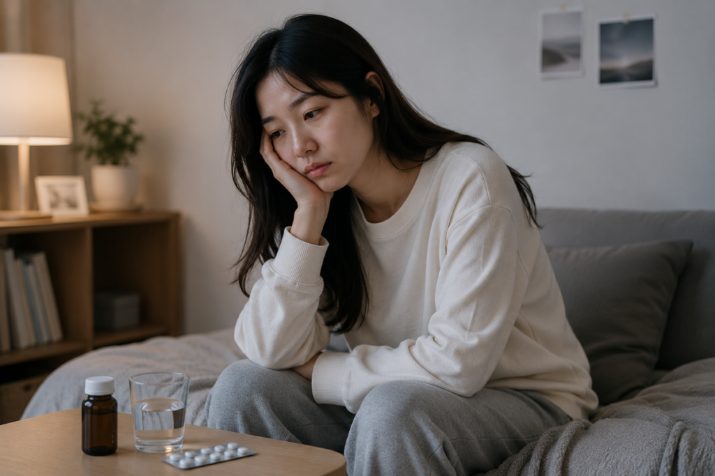 항우울제 치료에도 우울감과 무기력이 지속되는 상황을 설명하는 그림