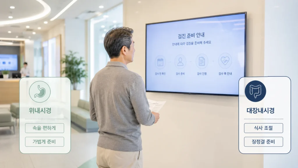 위내시경과 대장내시경 준비 방법의 차이를 비교한 그림
