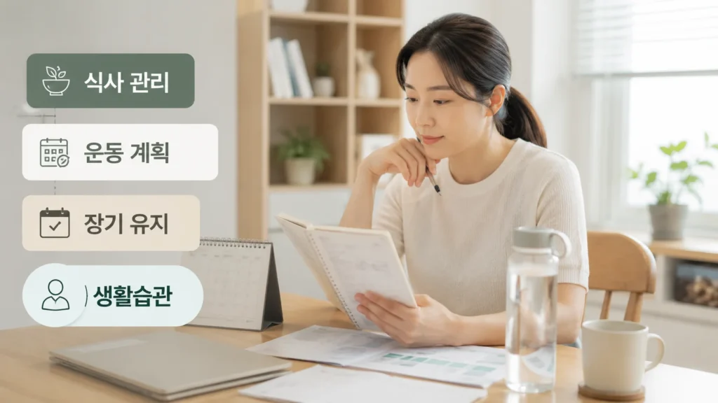 비만치료 주사와 함께 식사와 운동 등 생활습관 관리 계획을 설명하는 인포그래픽