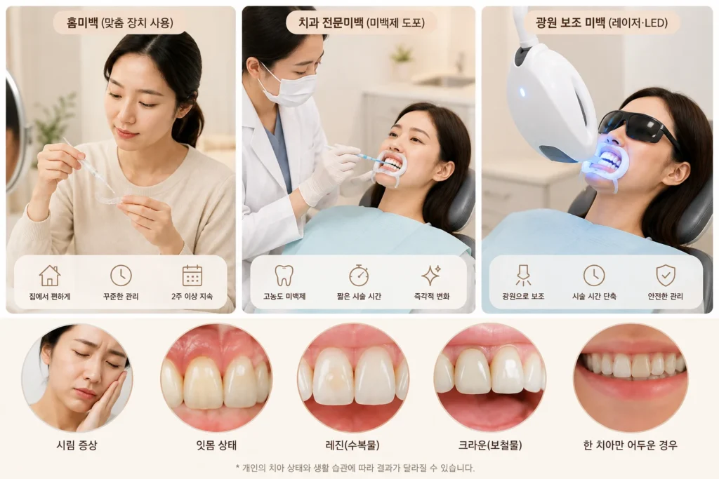 치아미백 방법 선택 시 확인해야 할 항목을 정리한 그림