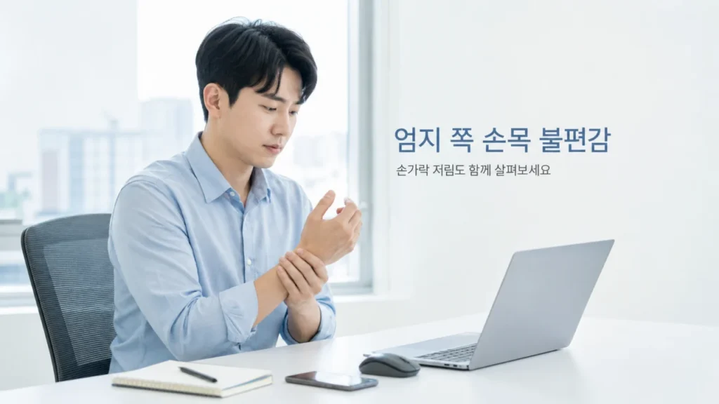 엄지 쪽 손목 통증과 손가락 저림의 위치와 증상 차이를 설명하는 그림