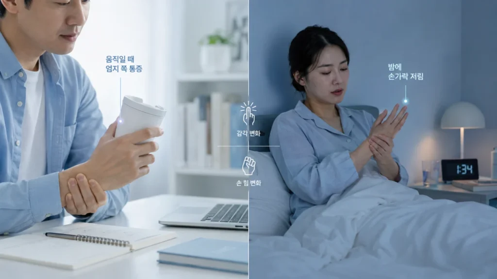손목건초염과 손목터널증후군의 증상 패턴을 비교한 인포그래픽