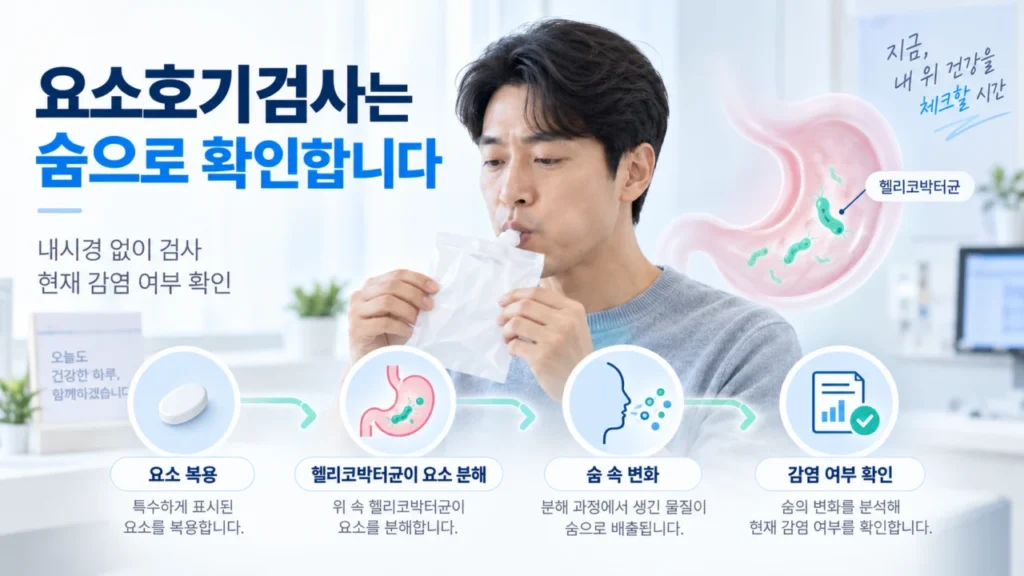 요소호기검사 절차와 숨을 채취하는 과정을 보여주는 그림
