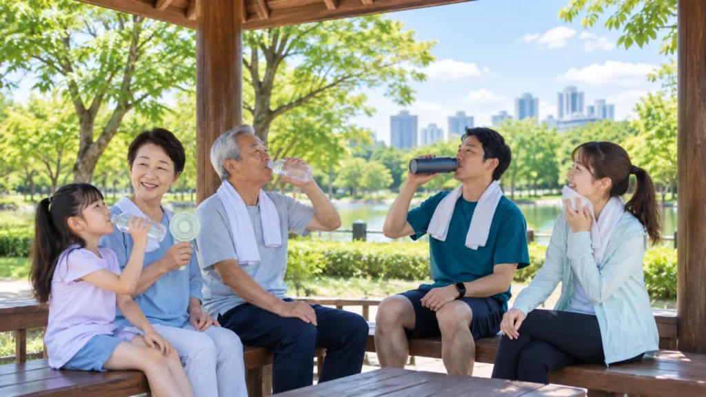 Korean-citizens-drinking-water-in-the-shade-to-prevent-heat-illness