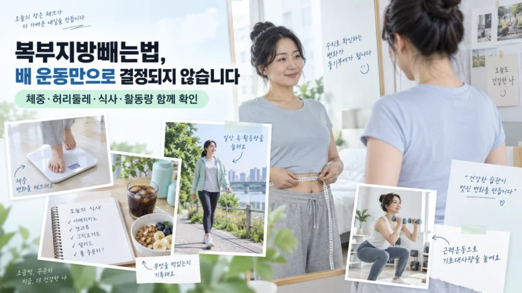 복부지방 관리와 허리둘레 측정 방법을 설명하는 그림