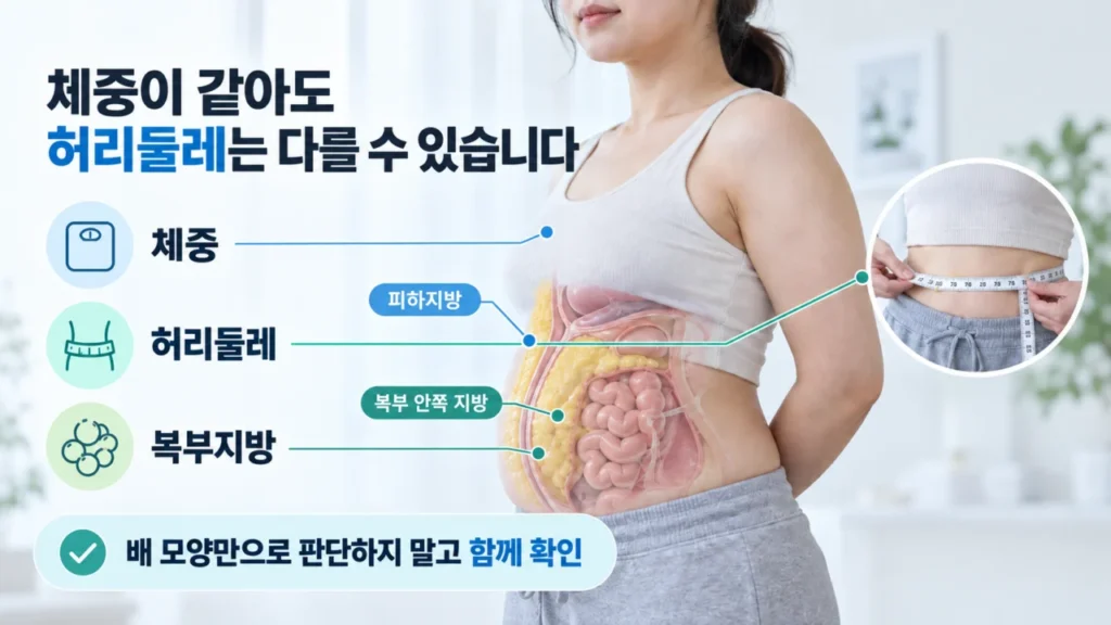 복부비만에서 허리둘레와 지방 분포의 차이를 보여주는 그림