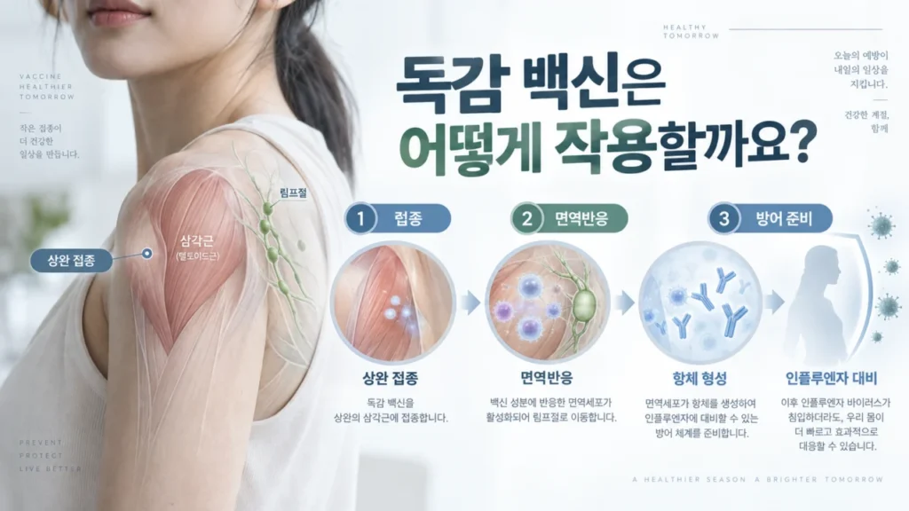 독감 백신 접종 후 면역반응과 항체 형성 과정을 설명하는 이미지