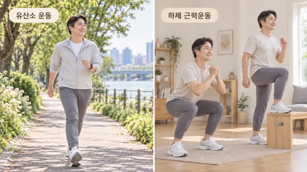 유산소 운동과 하체 근력운동을 하는 모습을 묘사한 그림
