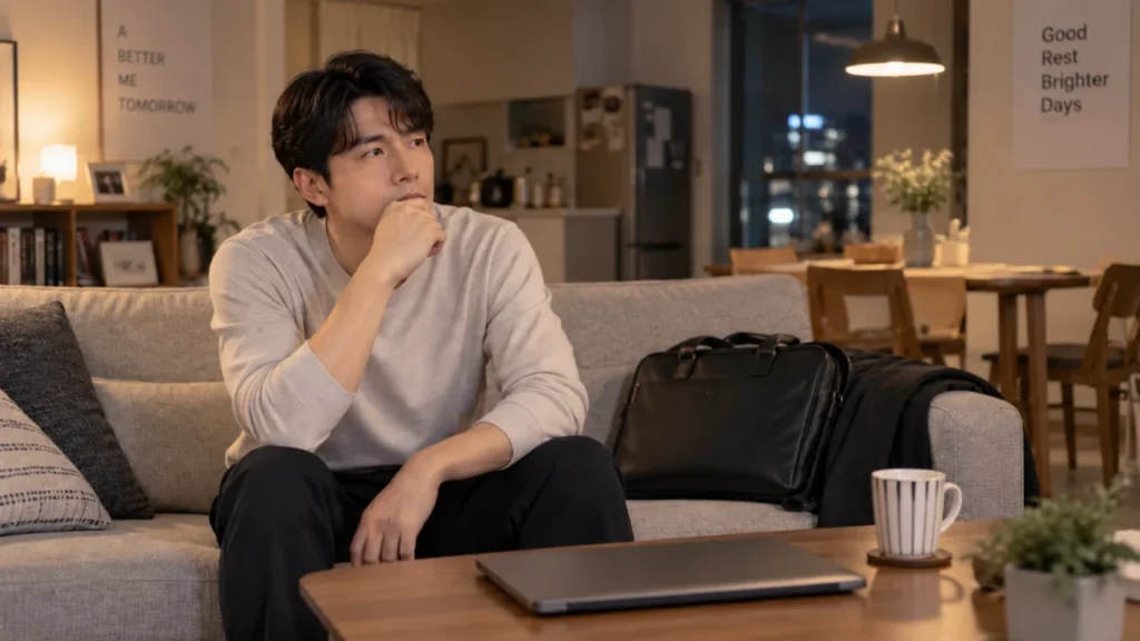 퇴근 후에도 머릿속에서 일이 이어지는 심리적 상태를 표현한 그림