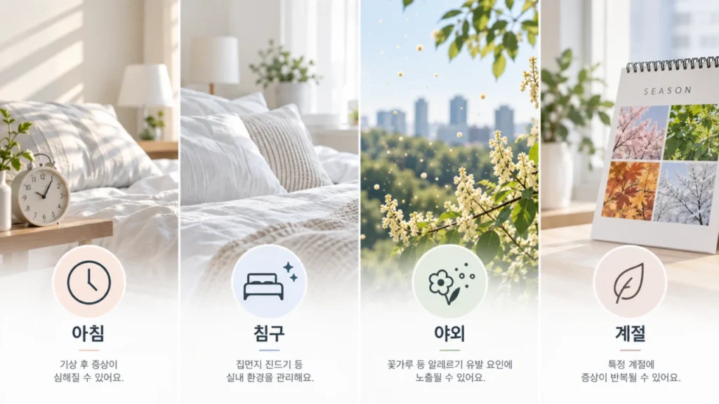 알레르기 비염 증상이 반복되는 시간과 장소를 나타낸 인포그래픽