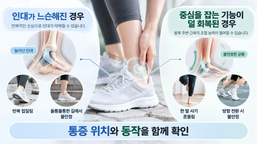 발목이 자주 접질리는 원인과 인대 느슨함, 균형 기능 저하를 나타내는 그림