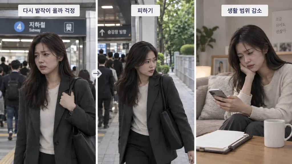 예기불안으로 인해 특정 장소를 피하는 모습을 표현한 AI 생성 이미지