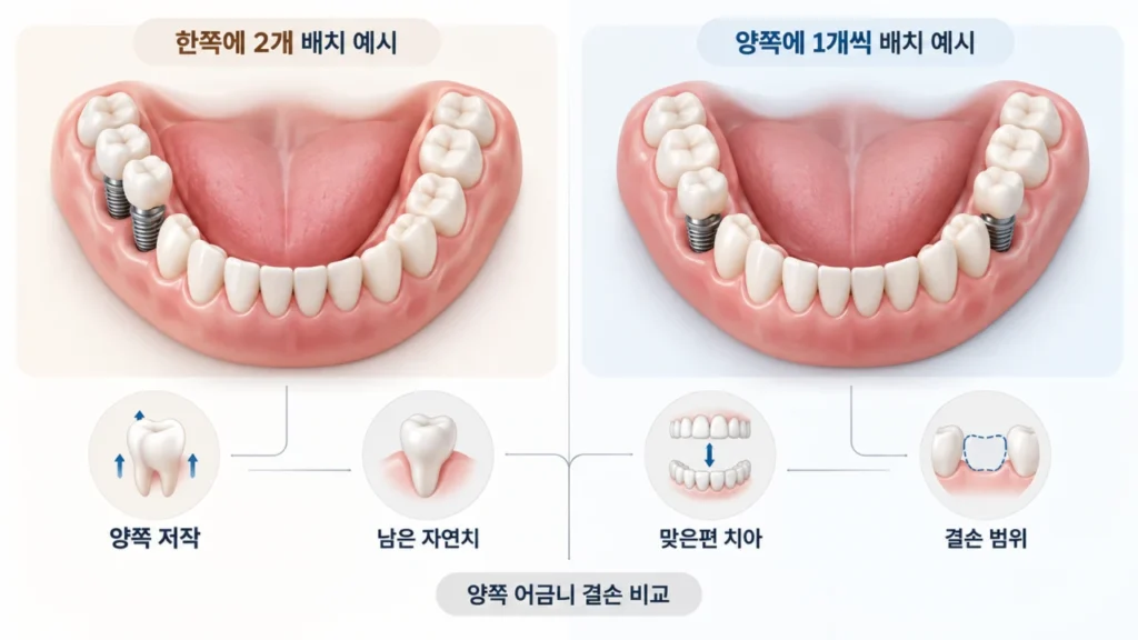 양쪽 치아 결손 시 보험 임플란트 위치를 비교하는 그림