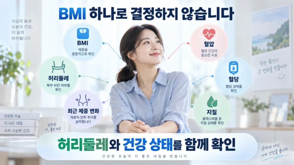 BMI와 허리둘레로 비만 상태를 평가하는 설명 그림