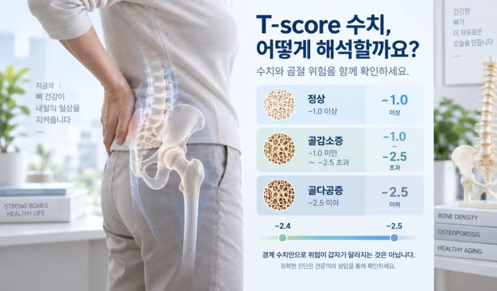 T-score 범위별 골밀도 상태와 골다공증 진단 기준을 보여주는 표