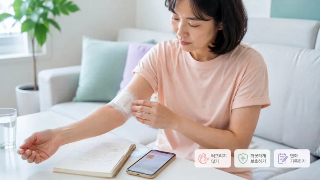 화상 물집이 터진 후 상처 보호 방법을 안내하는 그림