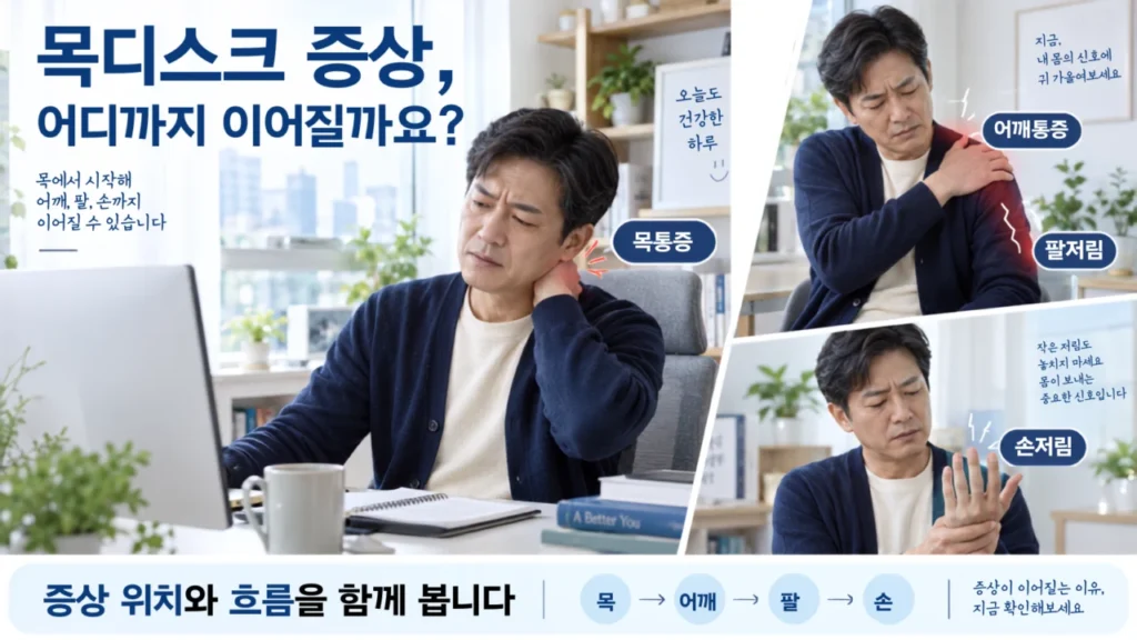 목디스크 증상과 팔저림, 손저림의 분포를 나타낸 인포그래픽