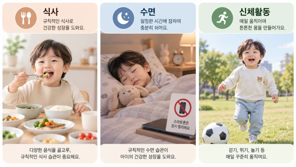 식사, 수면, 신체활동 등 아이의 하루 생활 흐름을 나타내는 그림