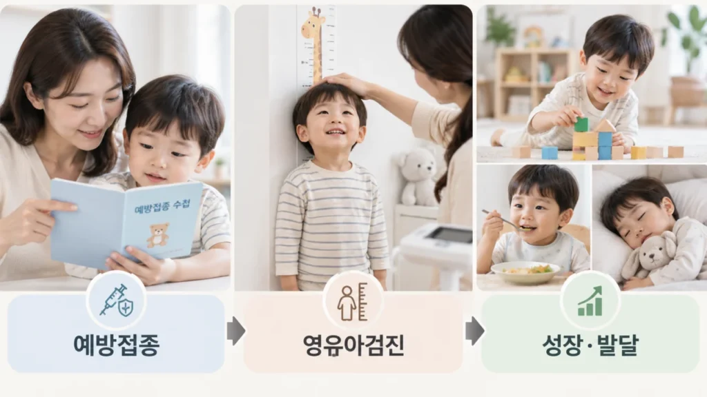 소아 건강관리가 예방접종과 성장 발달 확인으로 이어지는 흐름을 나타낸 그림
