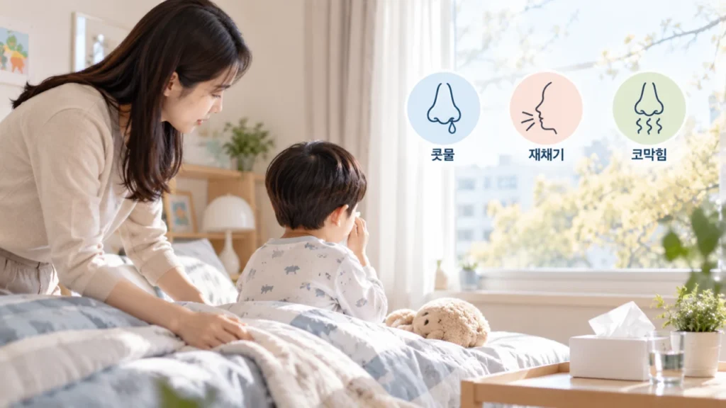 어린이 알레르기 비염의 생활환경과 증상 반복 패턴을 설명하는 그림