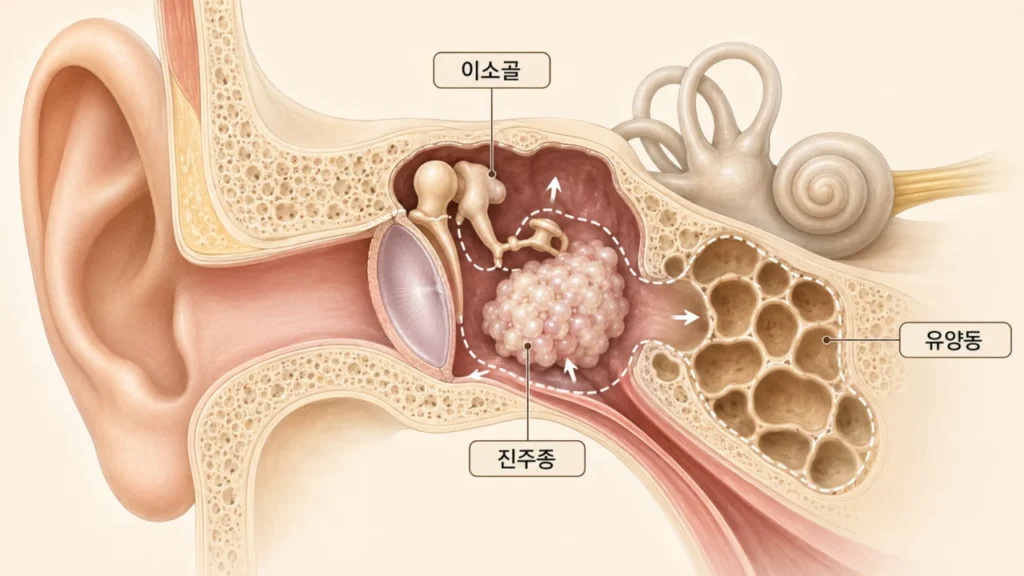 진주종성 중이염이 중이와 주변 구조에 영향을 주는 과정을 나타내는 그림