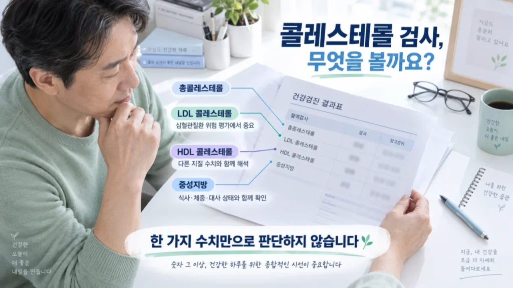 콜레스테롤 검사 항목과 해석 방법을 안내하는 표와 그래프