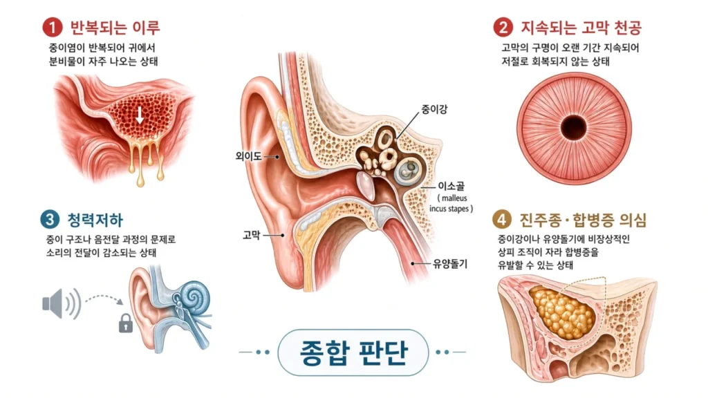 만성 중이염 수술 결정에 영향을 주는 이루, 고막 천공, 청력저하, 진주종 등 주요 요소를 설명하는 그림