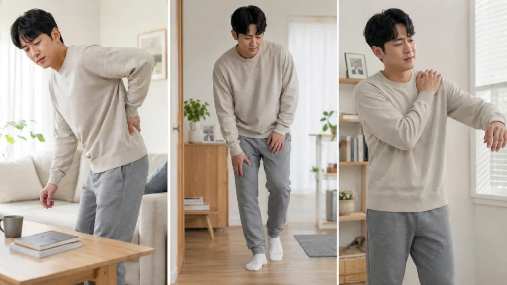 통증이 오래 지속될 때 움직임 패턴이 달라질 수 있음을 보여주는 그림