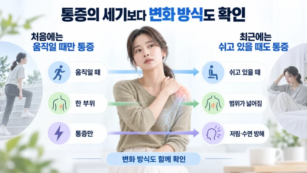 만성 통증에서 통증 패턴 변화와 증상 변화를 보여주는 그림