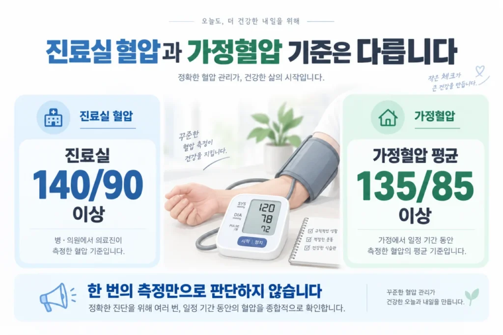 진료실 혈압과 가정혈압의 평가 기준 차이를 보여주는 이미지