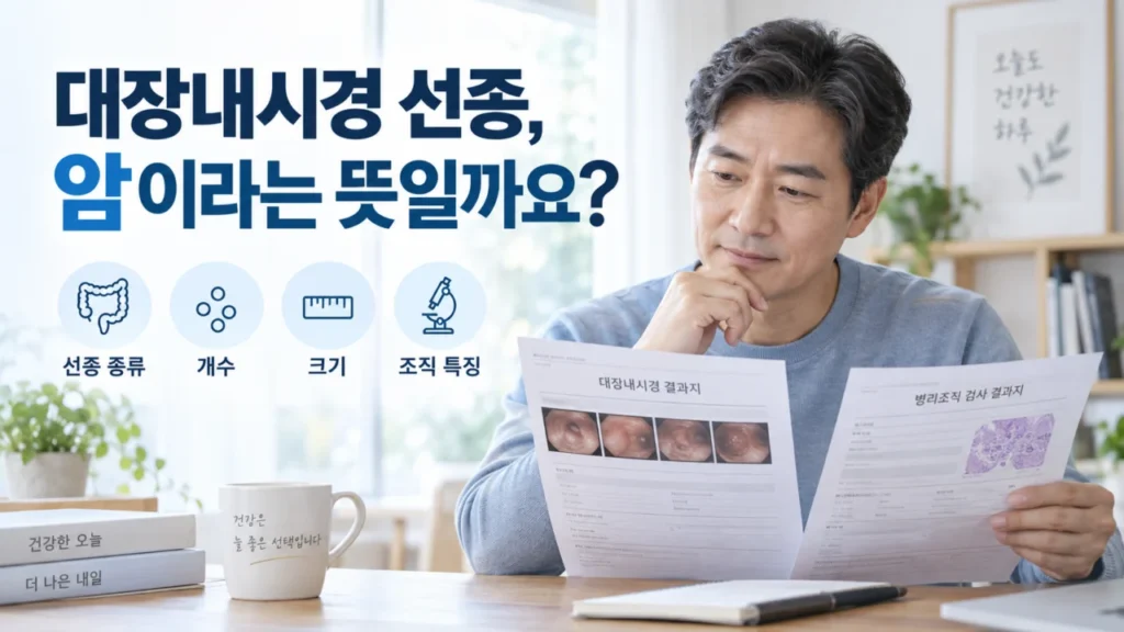 대장내시경에서 선종이 확인된 후 조직검사 결과를 설명하는 그림