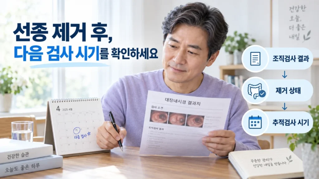선종 제거 후 대장내시경 재검 시기를 안내하는 그림